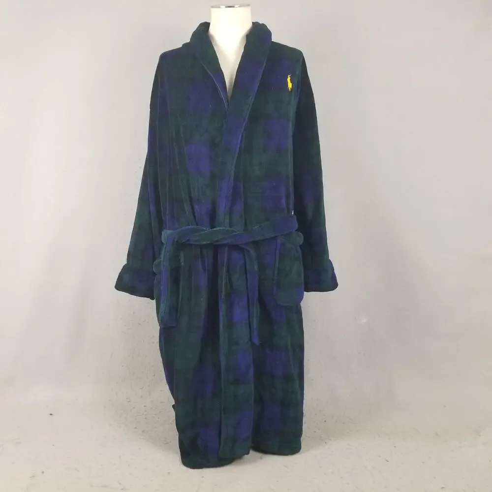 Polo Ralph Lauren Robe Mens One Size‎ Green Blue Plaid Fleece Belted Bathrobe